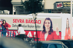 A van showing the can didate Sevra Baklaci